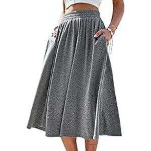 Skirts for Women Midi Length A Line Swing Flowy Skirt with Pockets-Grey
